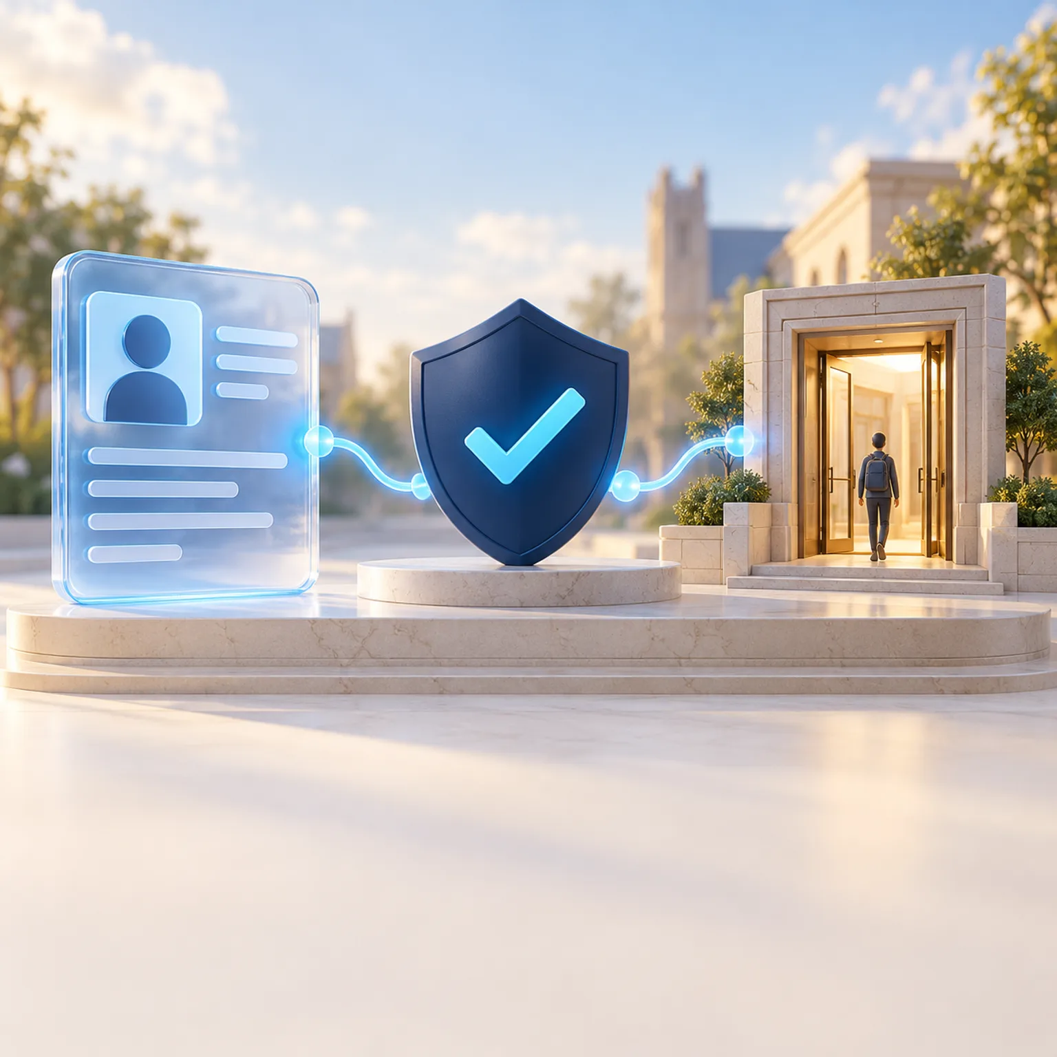 Illustration connecting a student record, an identity shield and an open campus doorway